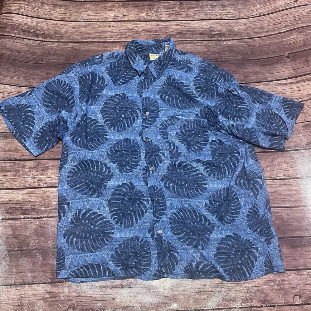 Men’s Natural Issue Blue Leaf Hawaiian Shirt XL Button Down Casual Resort Wear
